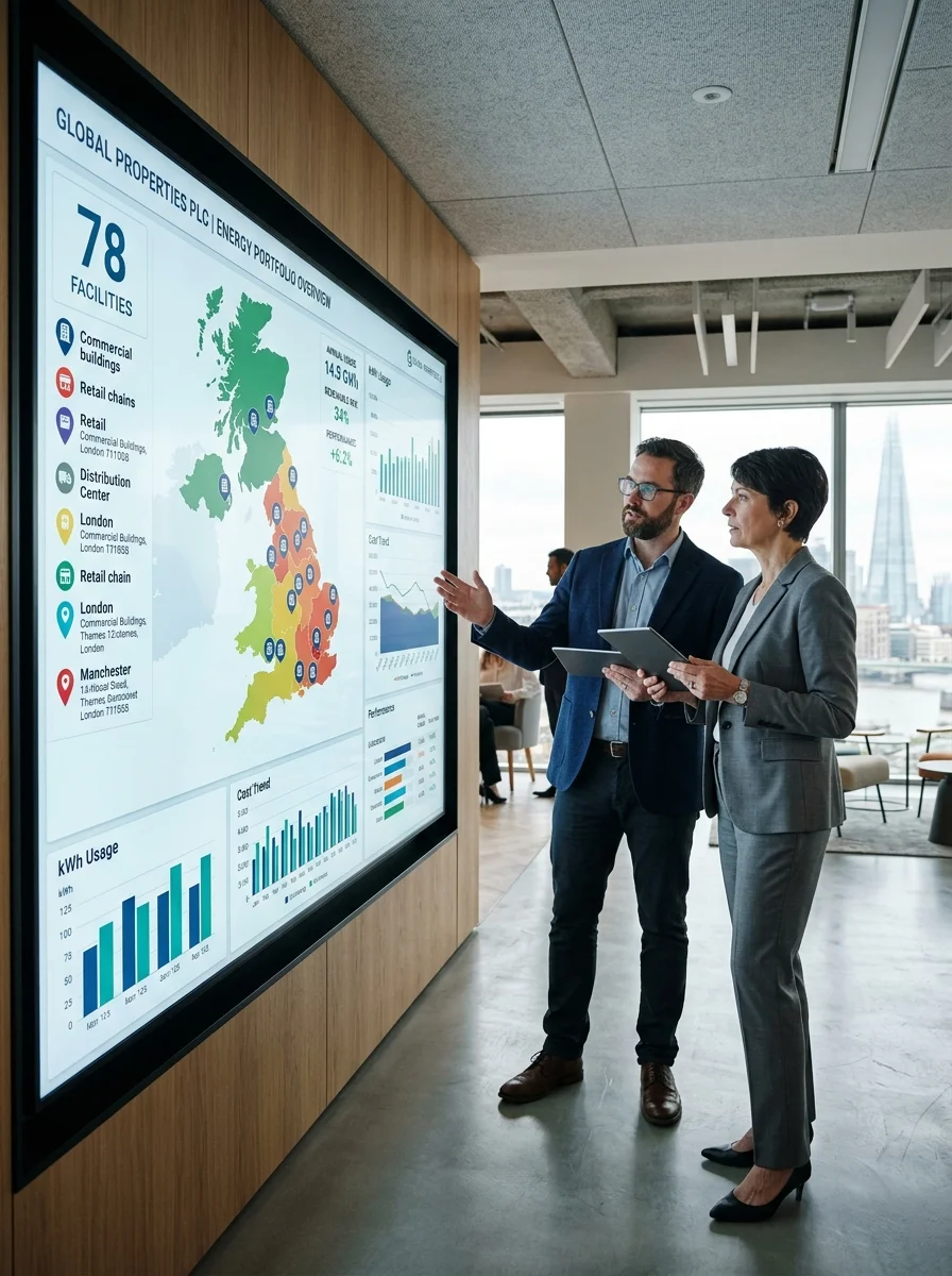 Multi-location commercial energy portfolio overview with nationwide site coverage